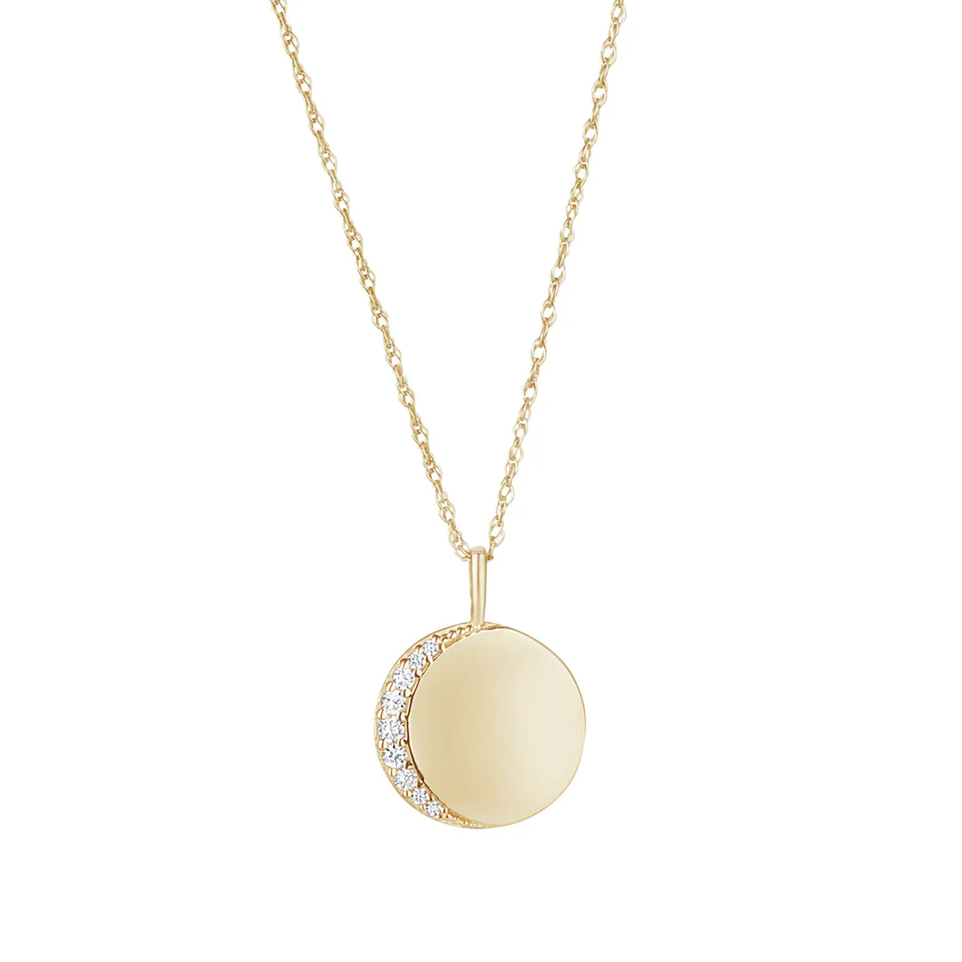 9ct Yellow Gold Solid 12 mm Engravable Disk Necklace with Moon crescent